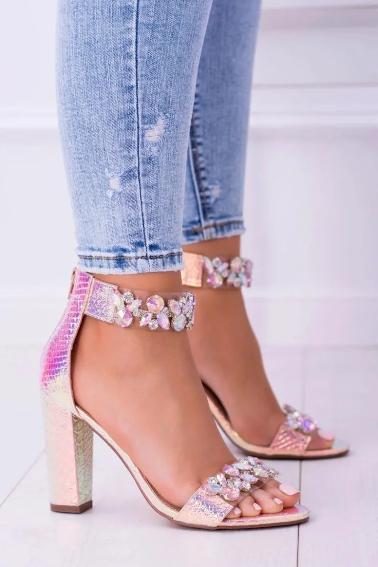 Boto Sandały Na Obcasie*Lu Boo Opalizujące Sandały Champagne Cyrkonie Lambada