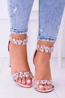 Boto Sandały Na Obcasie*Lu Boo Opalizujące Sandały Champagne Cyrkonie Lambada