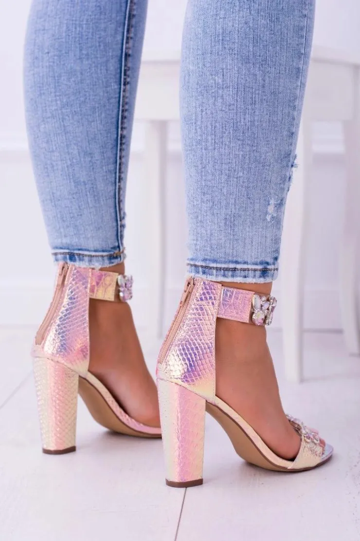 Boto Sandały Na Obcasie*Lu Boo Opalizujące Sandały Champagne Cyrkonie Lambada