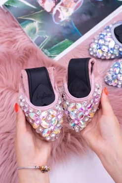 Damskie Boto Lu Boo Różowe Zamszowe Balerinki na Gumce Kamienie Even