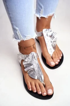 Boto Sandały Płaskie*Lu Boo Sandałki Metaliczne Japonki Na Rzepy Lottie