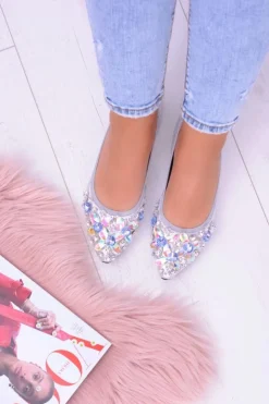 Damskie Boto Lu Boo Srebrne Balerinki na Gumce Kamienie Even