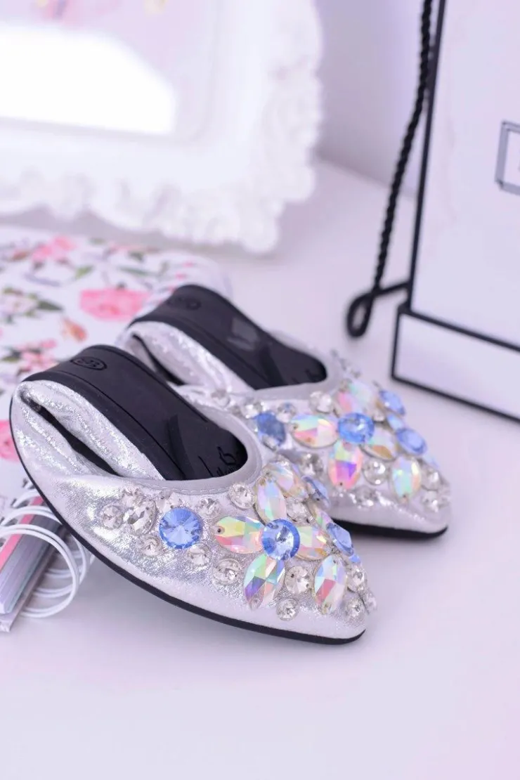 Damskie Boto Lu Boo Srebrne Balerinki na Gumce Kamienie Even