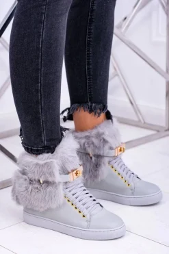 Damskie Boto Lu Boo Szare Botki z Naturalnym Futrem Gisele