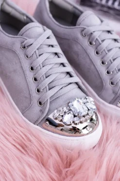 Damskie Boto Lu Boo Szare Trampki z Błyszczącymi Kryształami