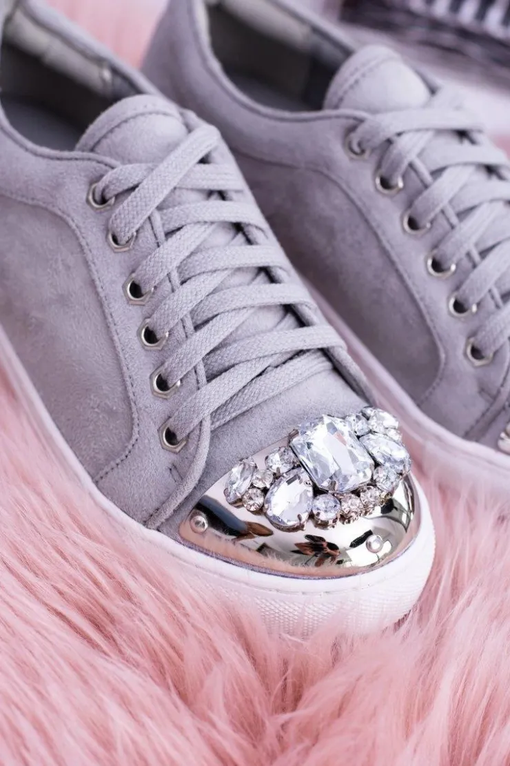 Damskie Boto Lu Boo Szare Trampki z Błyszczącymi Kryształami