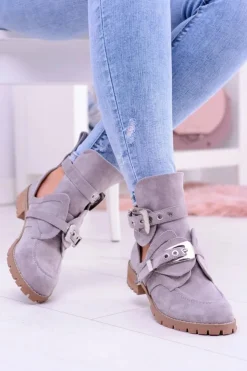 Boto Botki Płaskie*Lu Boo Szare Zamszowe Botki Z Wycięciami Rock Girl