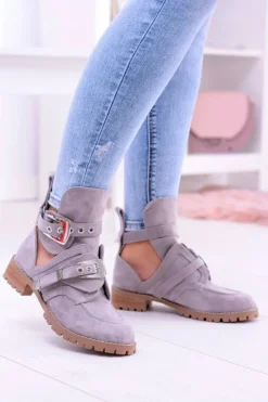 Boto Botki Płaskie*Lu Boo Szare Zamszowe Botki Z Wycięciami Rock Girl