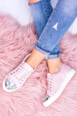 Boto Trampki Damskie Niskie*Lu Boo Trampki z Błyszczącymi Kryształami Pudrowy Róż