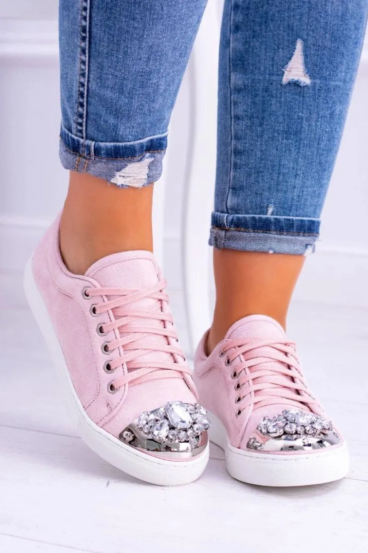 Boto Trampki Damskie Niskie*Lu Boo Trampki z Błyszczącymi Kryształami Pudrowy Róż