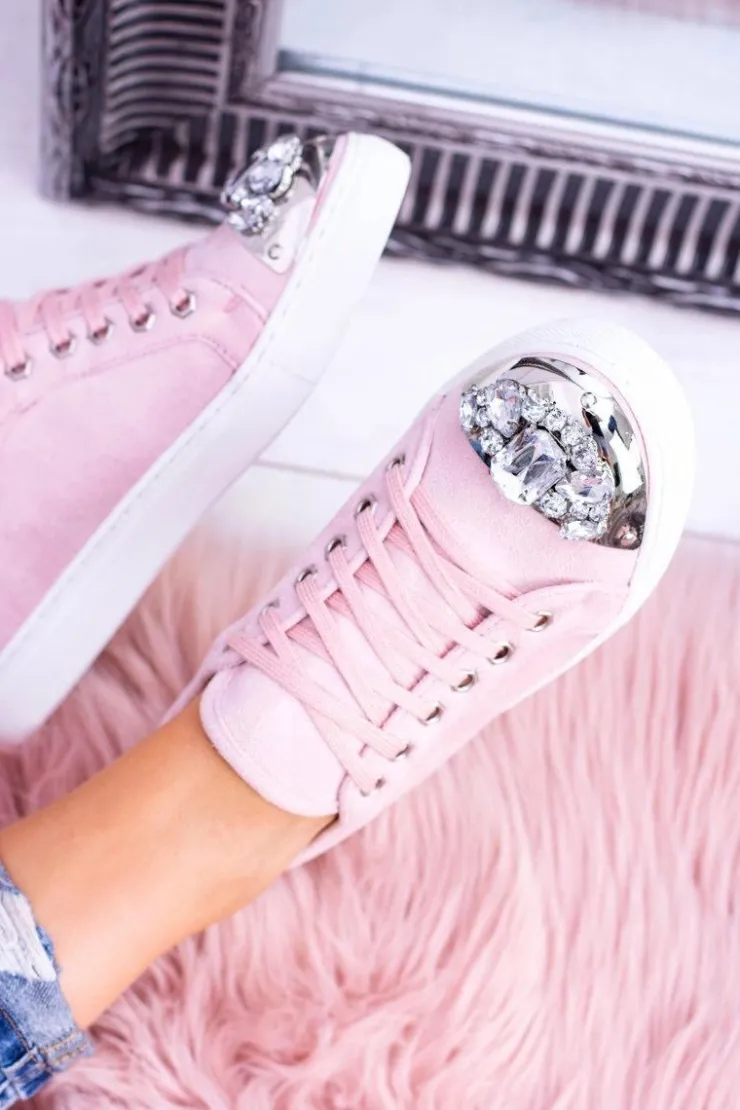 Boto Trampki Damskie Niskie*Lu Boo Trampki z Błyszczącymi Kryształami Pudrowy Róż