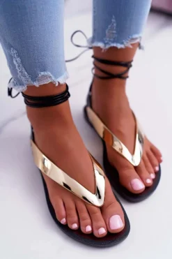 Boto Sandały Płaskie|Sandały Gumowe*Lu Boo Wiązane Złote Lustrzane Sandały Japonki Florence