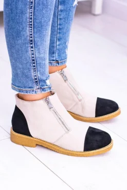 Boto Brązowe I Beżowe Botki|Botki Płaskie*Lu Boo Zamszowe Beżowe Botki Z Suwakami Inez