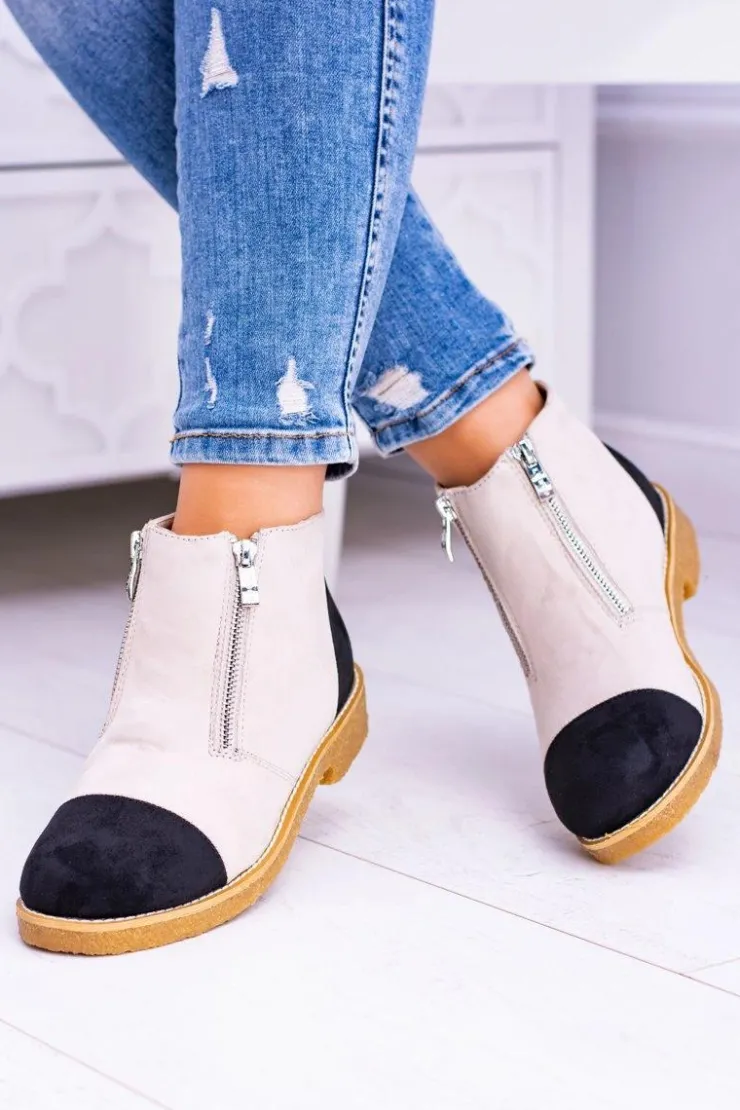 Boto Brązowe I Beżowe Botki|Botki Płaskie*Lu Boo Zamszowe Beżowe Botki Z Suwakami Inez