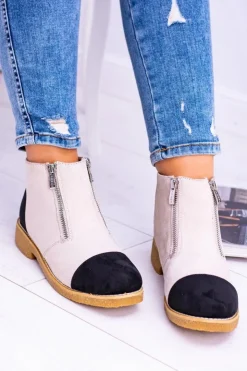 Boto Brązowe I Beżowe Botki|Botki Płaskie*Lu Boo Zamszowe Beżowe Botki Z Suwakami Inez