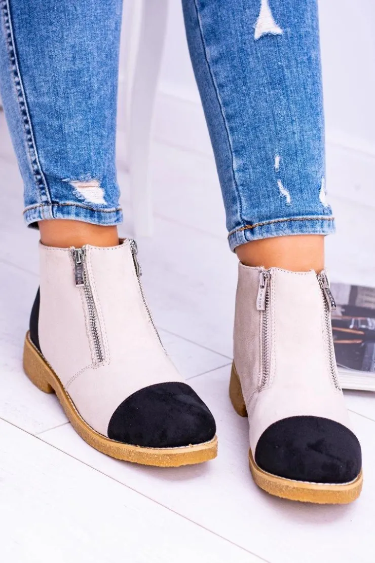 Boto Brązowe I Beżowe Botki|Botki Płaskie*Lu Boo Zamszowe Beżowe Botki Z Suwakami Inez