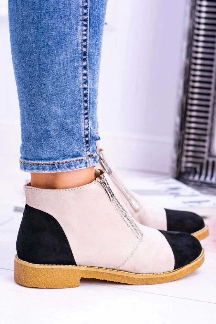 Boto Brązowe I Beżowe Botki|Botki Płaskie*Lu Boo Zamszowe Beżowe Botki Z Suwakami Inez