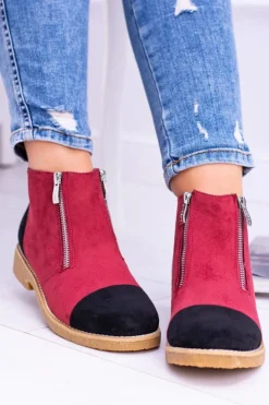 Damskie Boto Lu Boo Zamszowe Bordowe Botki Z Suwakami Inez