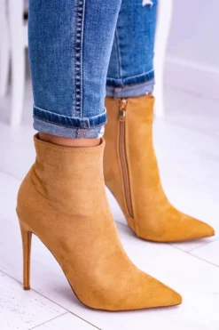 Damskie Boto Lu Boo Zamszowe Botki na Szpilce Camel Veneci