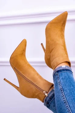 Damskie Boto Lu Boo Zamszowe Botki na Szpilce Camel Veneci