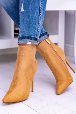 Damskie Boto Lu Boo Zamszowe Botki na Szpilce Camel Veneci