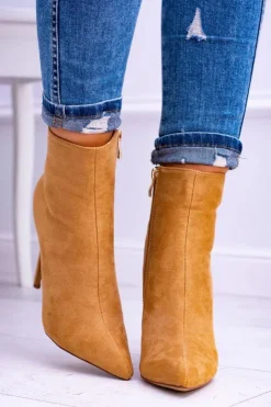 Damskie Boto Lu Boo Zamszowe Botki na Szpilce Camel Veneci