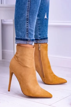 Damskie Boto Lu Boo Zamszowe Botki na Szpilce Camel Veneci