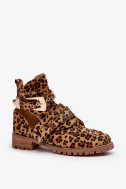 Boto Brązowe I Beżowe Botki|Botki Płaskie*Lu Boo Zamszowe Botki Z Wycięciami Panterka Rock Girl Brązowy