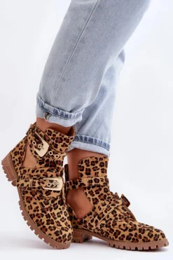 Boto Brązowe I Beżowe Botki|Botki Płaskie*Lu Boo Zamszowe Botki Z Wycięciami Panterka Rock Girl Brązowy