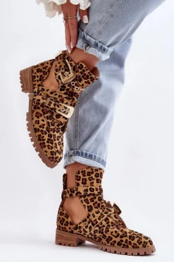 Boto Brązowe I Beżowe Botki|Botki Płaskie*Lu Boo Zamszowe Botki Z Wycięciami Panterka Rock Girl Brązowy