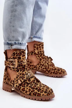 Boto Brązowe I Beżowe Botki|Botki Płaskie*Lu Boo Zamszowe Botki Z Wycięciami Panterka Rock Girl Brązowy