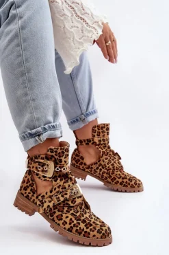 Boto Brązowe I Beżowe Botki|Botki Płaskie*Lu Boo Zamszowe Botki Z Wycięciami Panterka Rock Girl Brązowy