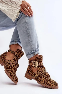 Boto Brązowe I Beżowe Botki|Botki Płaskie*Lu Boo Zamszowe Botki Z Wycięciami Panterka Rock Girl Brązowy