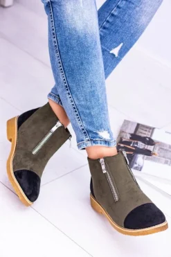 Hot Boto Lu Boo Zamszowe Oliwkowe Botki Z Suwakami Inez