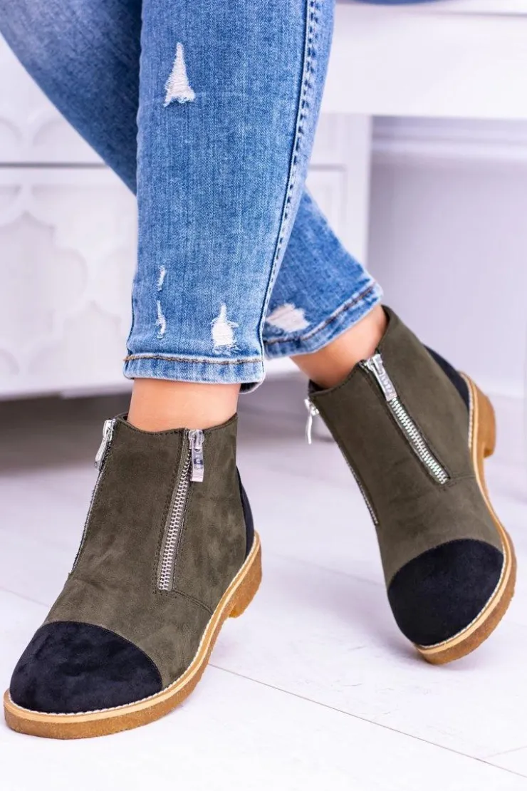 Hot Boto Lu Boo Zamszowe Oliwkowe Botki Z Suwakami Inez
