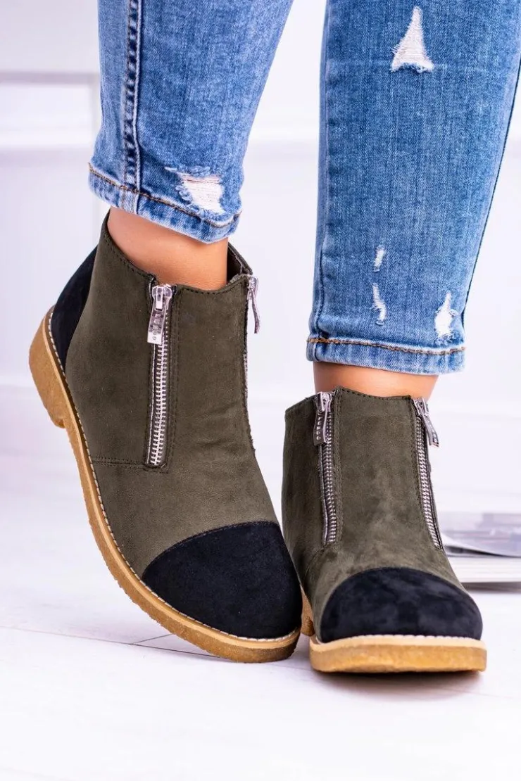 Hot Boto Lu Boo Zamszowe Oliwkowe Botki Z Suwakami Inez