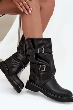 Hot Boto Marszczone Kozaki Damskie Do Połowy Łyski Z Paskami I Klamrami Czarne Halvessa Czarny