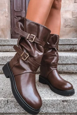 Boto Kozaki Ocieplane|Kozaki Płaskie*Marszczone Kozaki Damskie Do Połowy Łyski Z Paskami I Klamrami Brązowe Halvessa Brązowy