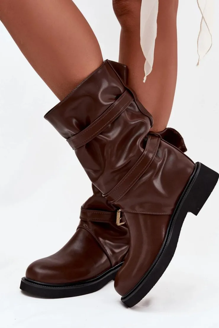 Boto Kozaki Ocieplane|Kozaki Płaskie*Marszczone Kozaki Damskie Do Połowy Łyski Z Paskami I Klamrami Brązowe Halvessa Brązowy