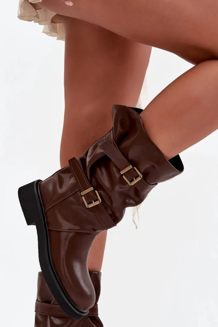 Boto Kozaki Ocieplane|Kozaki Płaskie*Marszczone Kozaki Damskie Do Połowy Łyski Z Paskami I Klamrami Brązowe Halvessa Brązowy