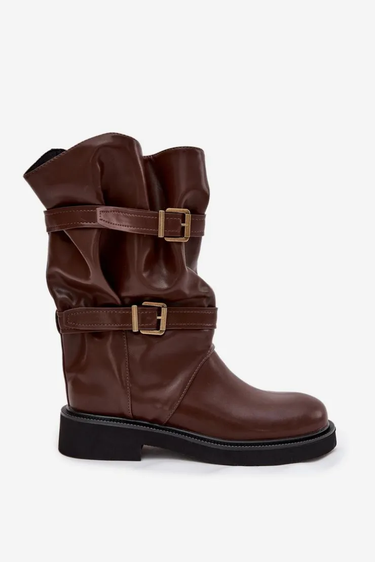 Boto Kozaki Ocieplane|Kozaki Płaskie*Marszczone Kozaki Damskie Do Połowy Łyski Z Paskami I Klamrami Brązowe Halvessa Brązowy