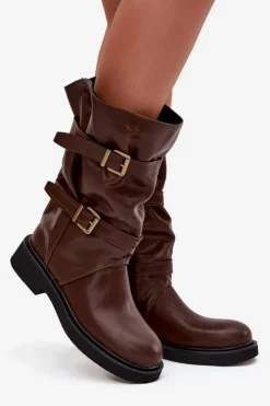 Boto Kozaki Ocieplane|Kozaki Płaskie*Marszczone Kozaki Damskie Do Połowy Łyski Z Paskami I Klamrami Brązowe Halvessa Brązowy