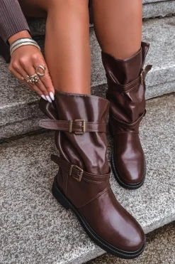 Boto Kozaki Ocieplane|Kozaki Płaskie*Marszczone Kozaki Damskie Do Połowy Łyski Z Paskami I Klamrami Brązowe Halvessa Brązowy