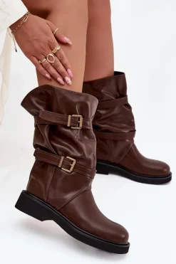 Boto Kozaki Ocieplane|Kozaki Płaskie*Marszczone Kozaki Damskie Do Połowy Łyski Z Paskami I Klamrami Brązowe Halvessa Brązowy