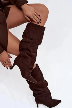 Damskie Boto Marszczone Kozaki Na Szpilce Z Eko Zamszu Ocieplane Czekoladowe Mavella