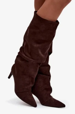 Damskie Boto Marszczone Kozaki Na Szpilce Z Eko Zamszu Ocieplane Czekoladowe Mavella