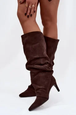 Damskie Boto Marszczone Kozaki Na Szpilce Z Eko Zamszu Ocieplane Czekoladowe Mavella