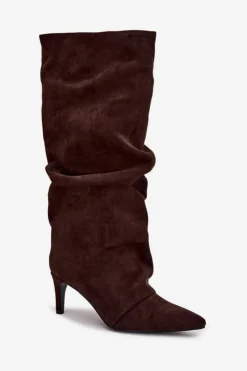 Damskie Boto Marszczone Kozaki Na Szpilce Z Eko Zamszu Ocieplane Czekoladowe Mavella