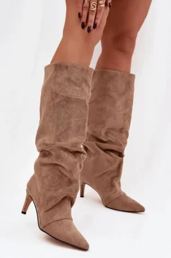 Boto Marszczone Kozaki Na Szpilce Z Eko Zamszu Ocieplane Beżowe Mavella Beżowy