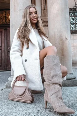 Boto Marszczone Kozaki Na Szpilce Z Eko Zamszu Ocieplane Beżowe Mavella Beżowy